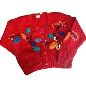 IVY Red Embroidered Floral Knit Cardigan Sweater Button Front Women's Size M